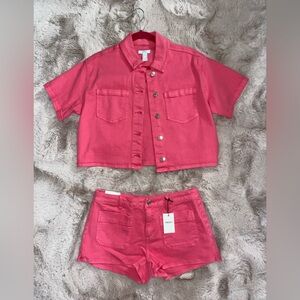 Pink denim two piece shorts set